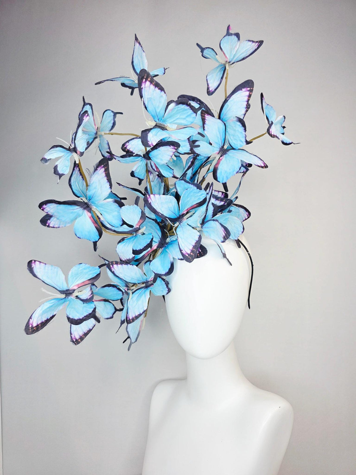 kentucky derby hat fascinator large branching light sky blue purple black fabric butterflies on headband