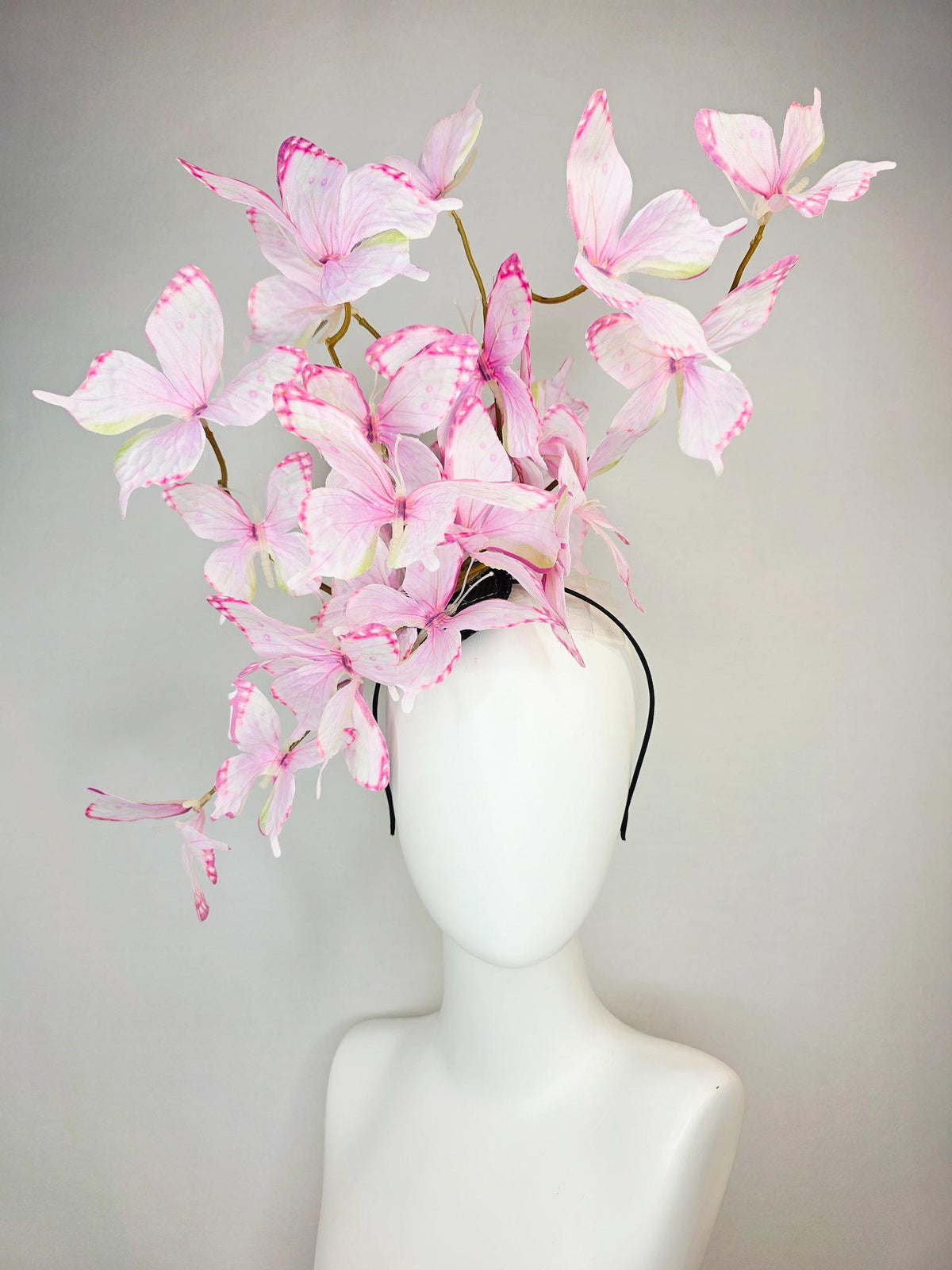 kentucky derby hat fascinator large branching light baby blush pale pink and yellow fabric butterflies on headband