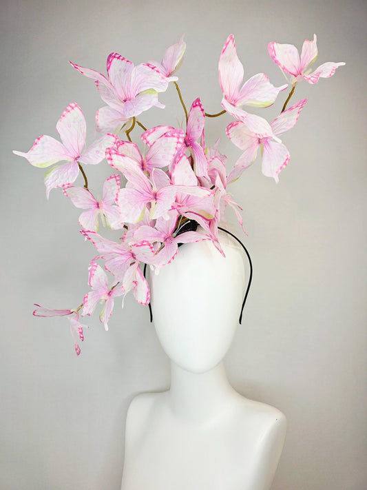 kentucky derby hat fascinator large branching light baby blush pale pink and yellow fabric butterflies on headband
