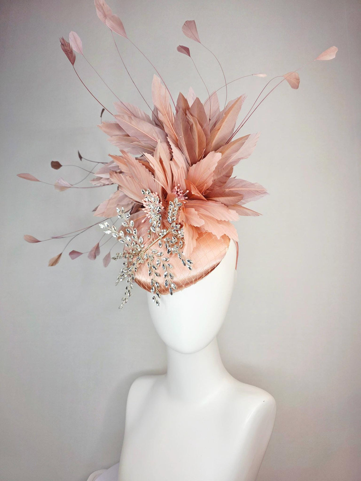 kentucky derby hat fascinator champagne pink satin with netting leaf vine clear crystal rhinestone fluffy dusty rose mauve pink feathers