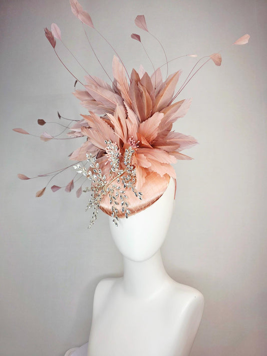 kentucky derby hat fascinator champagne pink satin with netting leaf vine clear crystal rhinestone fluffy dusty rose mauve pink feathers