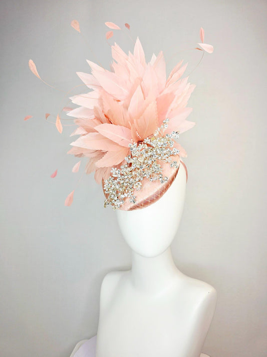 kentucky derby hat fascinator champagne pink satin with netting leaf vine clear crystal rhinestone light dusty pale mauve pink feathers