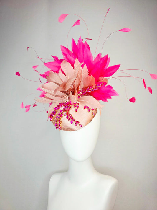 kentucky derby hat fascinator champagne pink satin with netting leaf vine pink crystal rhinestone fluffy dusty mauve pink fuchsia feathers