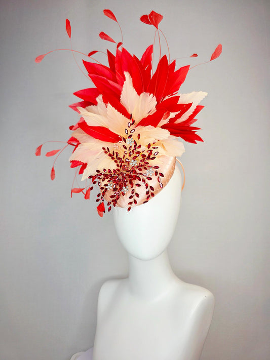 kentucky derby hat fascinator champagne pink satin with netting leaf vine red crystal rhinestone fluffy cream beige scarlet red feathers