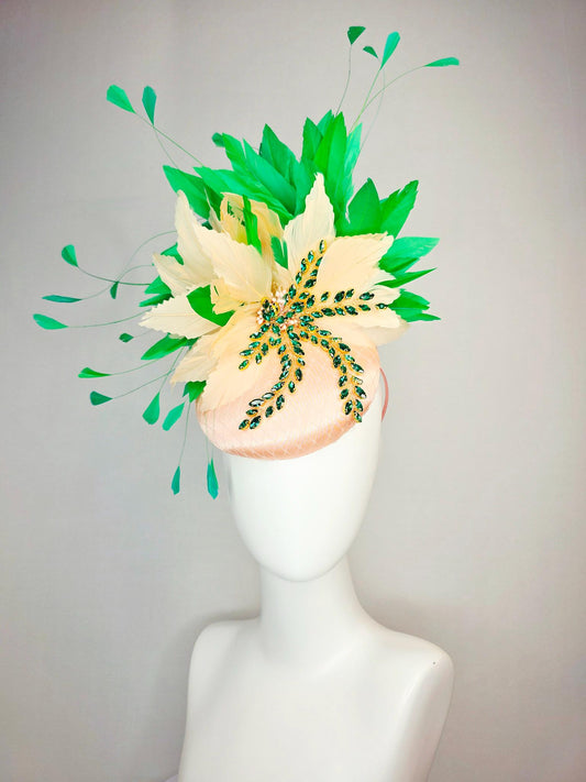 kentucky derby hat fascinator champagne pink satin with netting leaf vine emerald green crystal rhinestone cream beige bright green feathers
