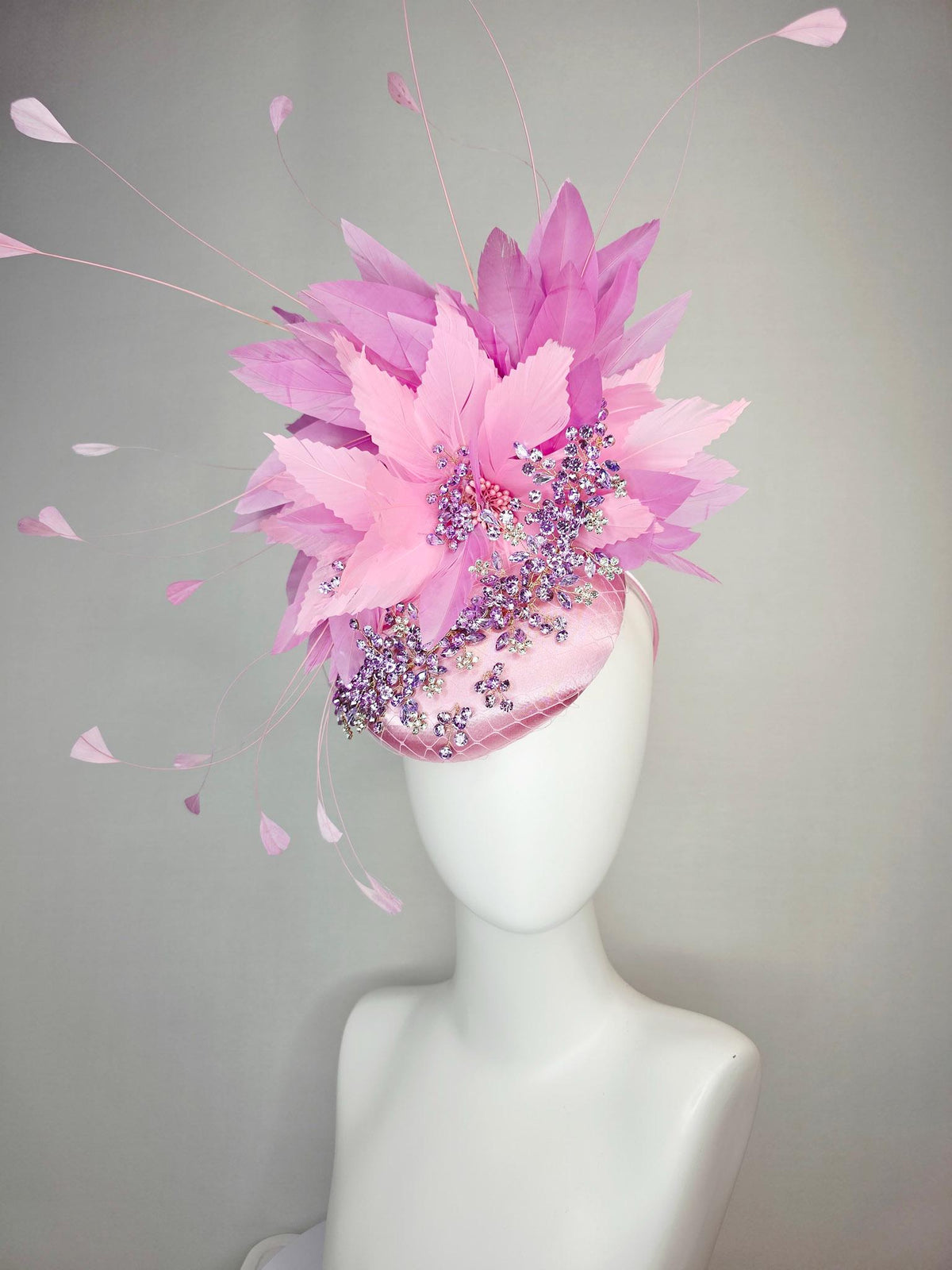 kentucky derby hat fascinator baby pink satin with netting leaf vine lavender purple crystal rhinestone fluffy light pink lilac feathers