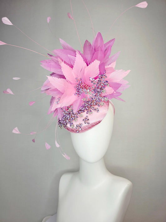 kentucky derby hat fascinator baby pink satin with netting leaf vine lavender purple crystal rhinestone fluffy light pink lilac feathers
