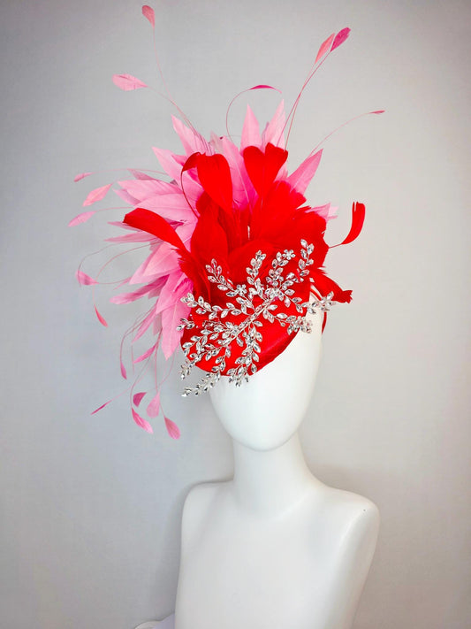 kentucky derby hat fascinator scarlet red satin with netting leaf vine clear silver crystal rhinestone fluffy bright red blush pink feathers