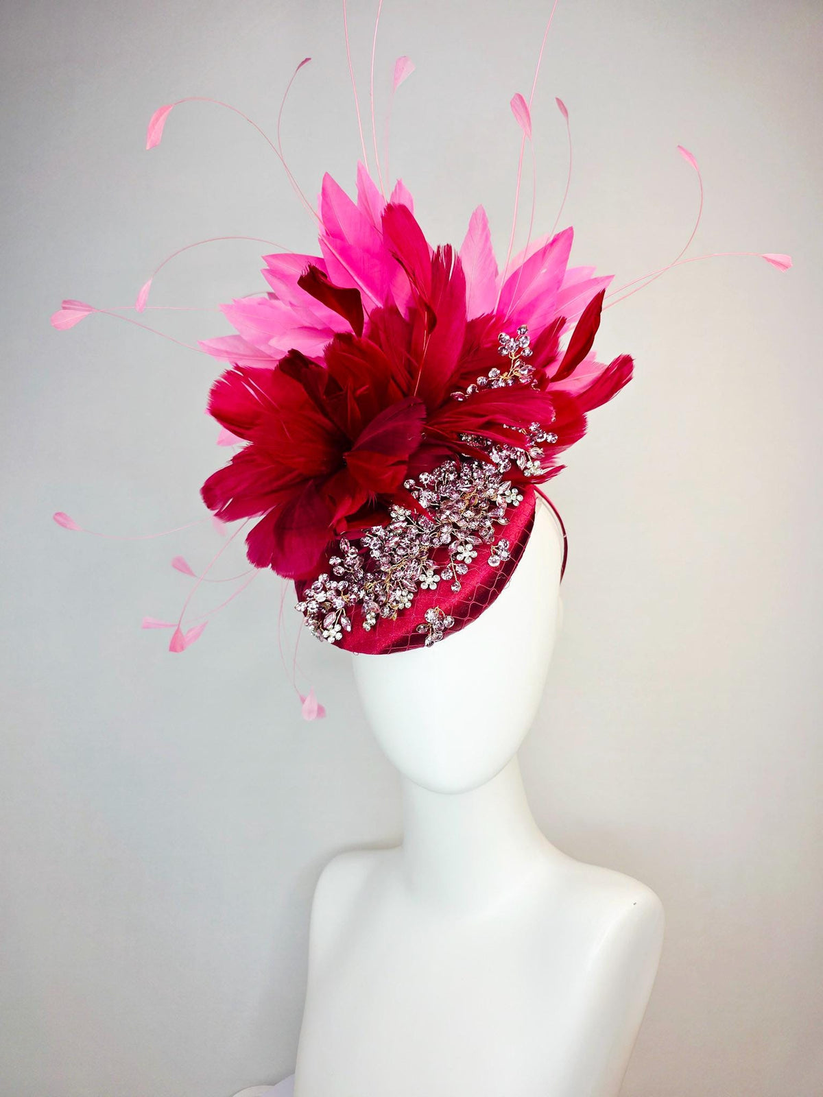 kentucky derby hat fascinator wine red satin with netting leaf vine clear silver crystal rhinestone fluffy burgundy red blush pink feathers