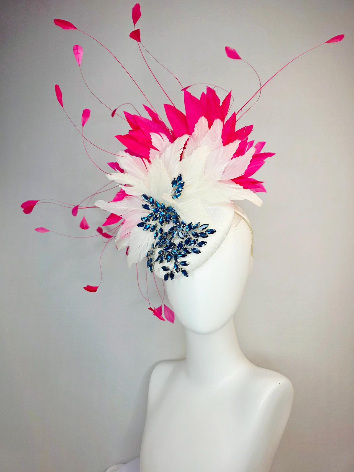 kentucky derby hat fascinator ivory white satin with netting leaf vine blue crystal rhinestone and fluffy ivory white hot pink feathers