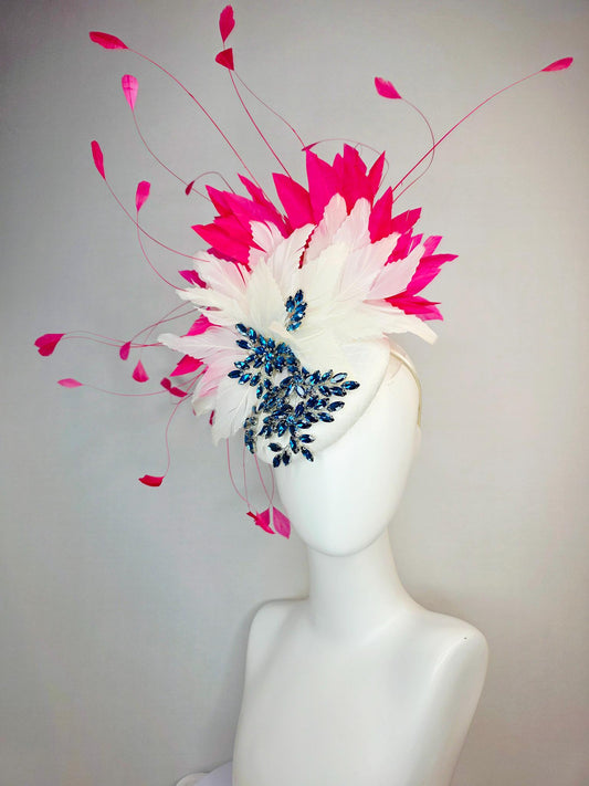 kentucky derby hat fascinator ivory white satin with netting leaf vine blue crystal rhinestone and fluffy ivory white hot pink feathers