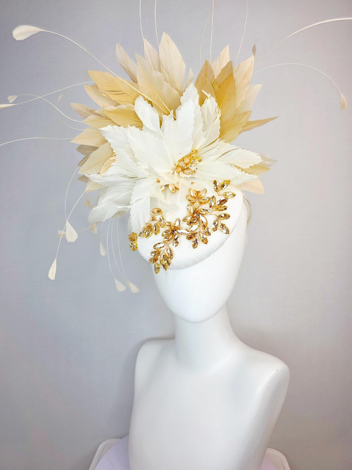 kentucky derby hat fascinator ivory white satin with netting leaf vine gold crystal rhinestone fluffy ivory white tan beige gold feathers