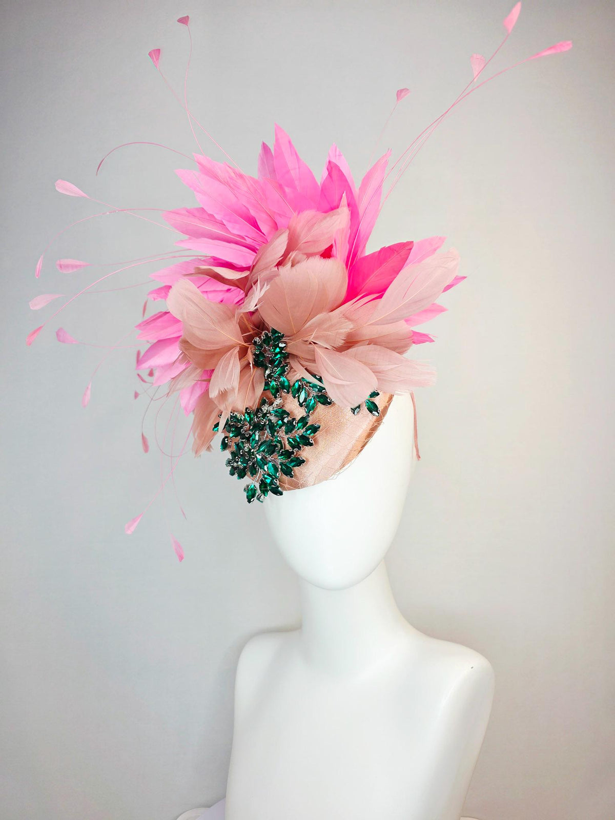 kentucky derby hat fascinator champagne pink satin with netting leaf vine emerald green crystal rhinestone dusty mauve blush pink feathers