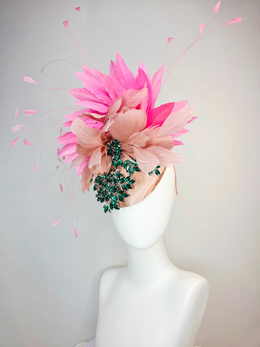kentucky derby hat fascinator champagne pink satin with netting leaf vine emerald green crystal rhinestone dusty mauve blush pink feathers