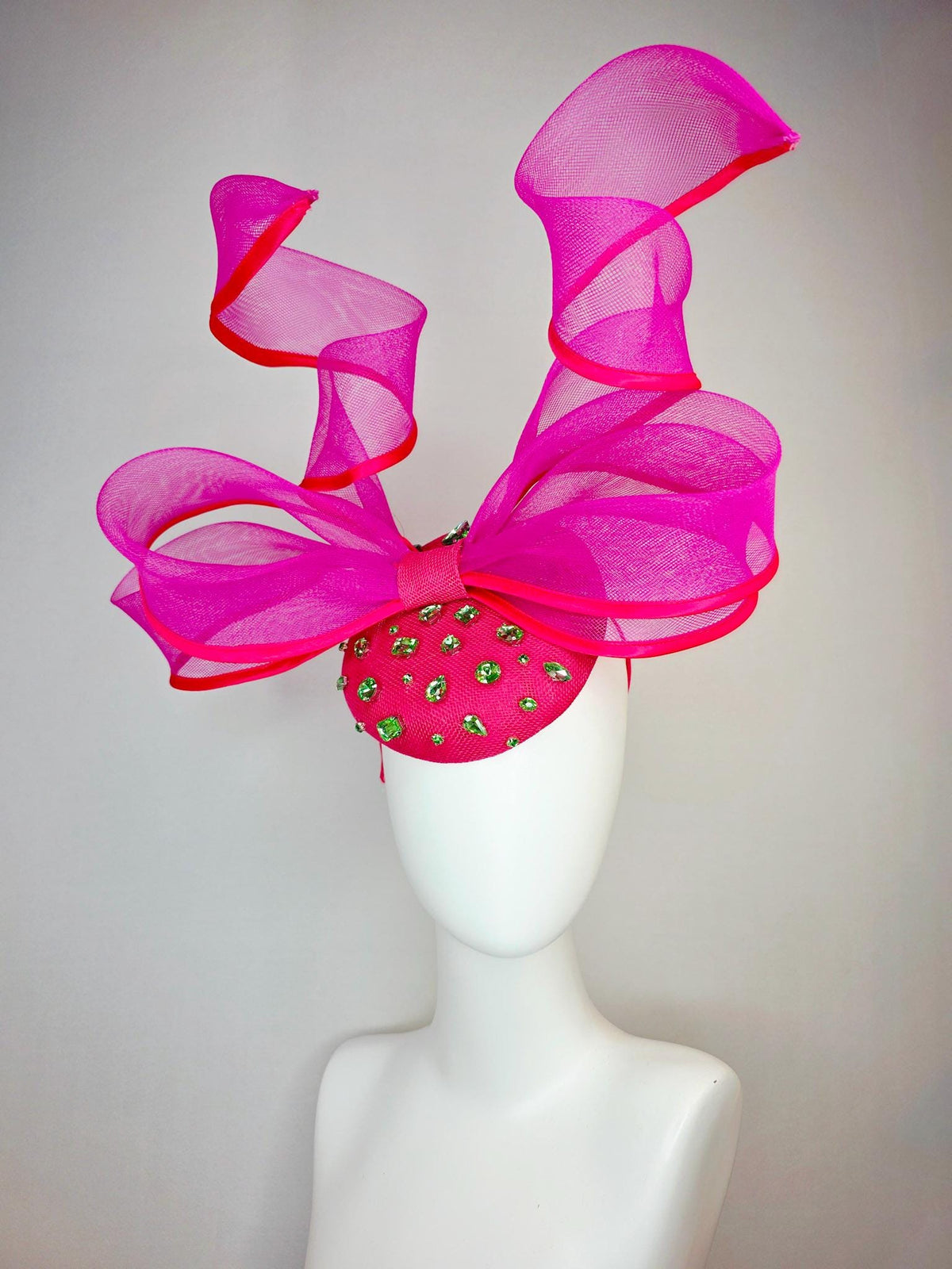 kentucky derby hat fascinator hot pink sinamay base with lime green crystal jewels fuchsia pink mesh wired ribbon large bendable bow decor