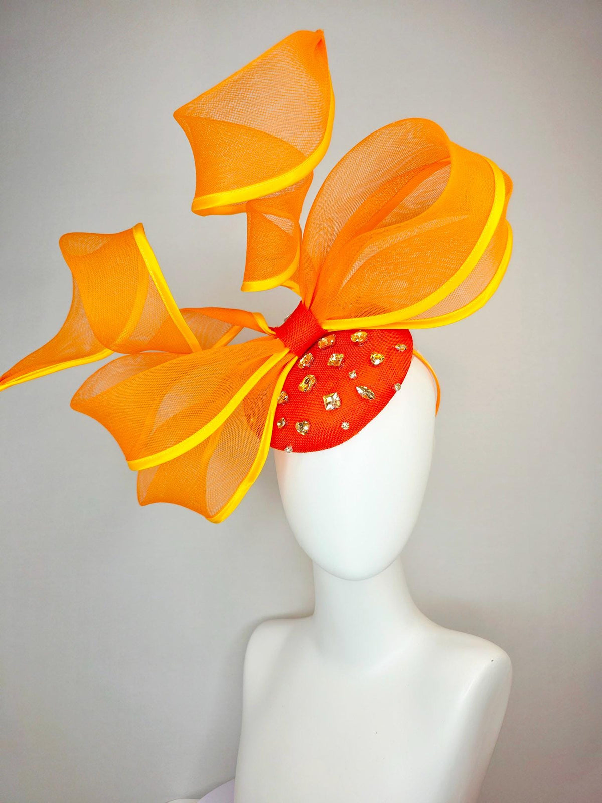 kentucky derby hat fascinator bright orange sinamay base clear crystal jewels burnt orange yellow mesh wired ribbon large bendable bow decor