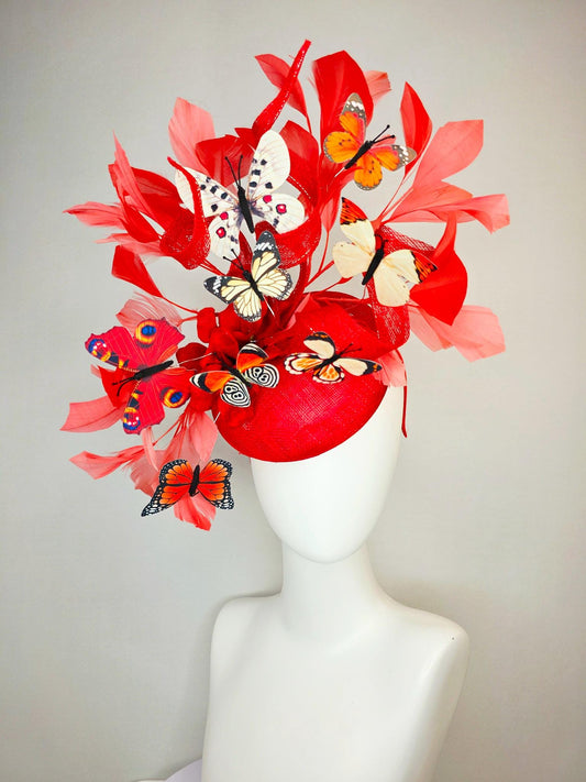 kentucky derby hat fascinator scarlet red sinamay with curls red organza flower coral red feathers white cream orange blue black butterflies