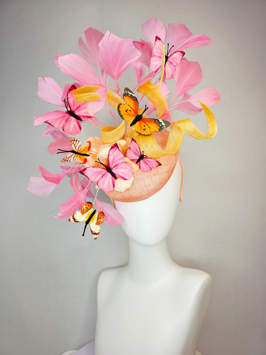 kentucky derby hat fascinator champagne sinamay yellow curls cream gold organza flower light pink feathers orange black pink butterflies