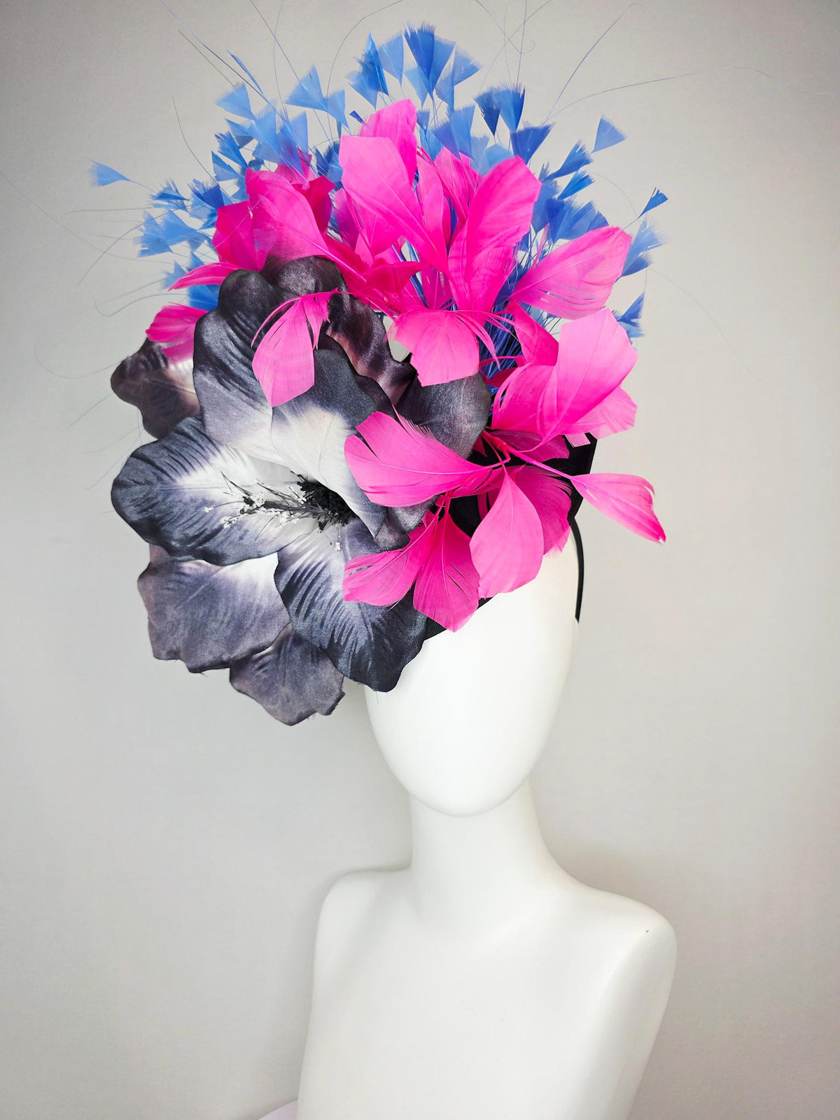 kentucky derby hat fascinator black shantung saucer large charcoal gray ombre satin silk flower pink and royal sky blue branching feathers