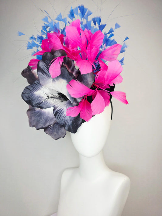 kentucky derby hat fascinator black shantung saucer large charcoal gray ombre satin silk flower pink and royal sky blue branching feathers