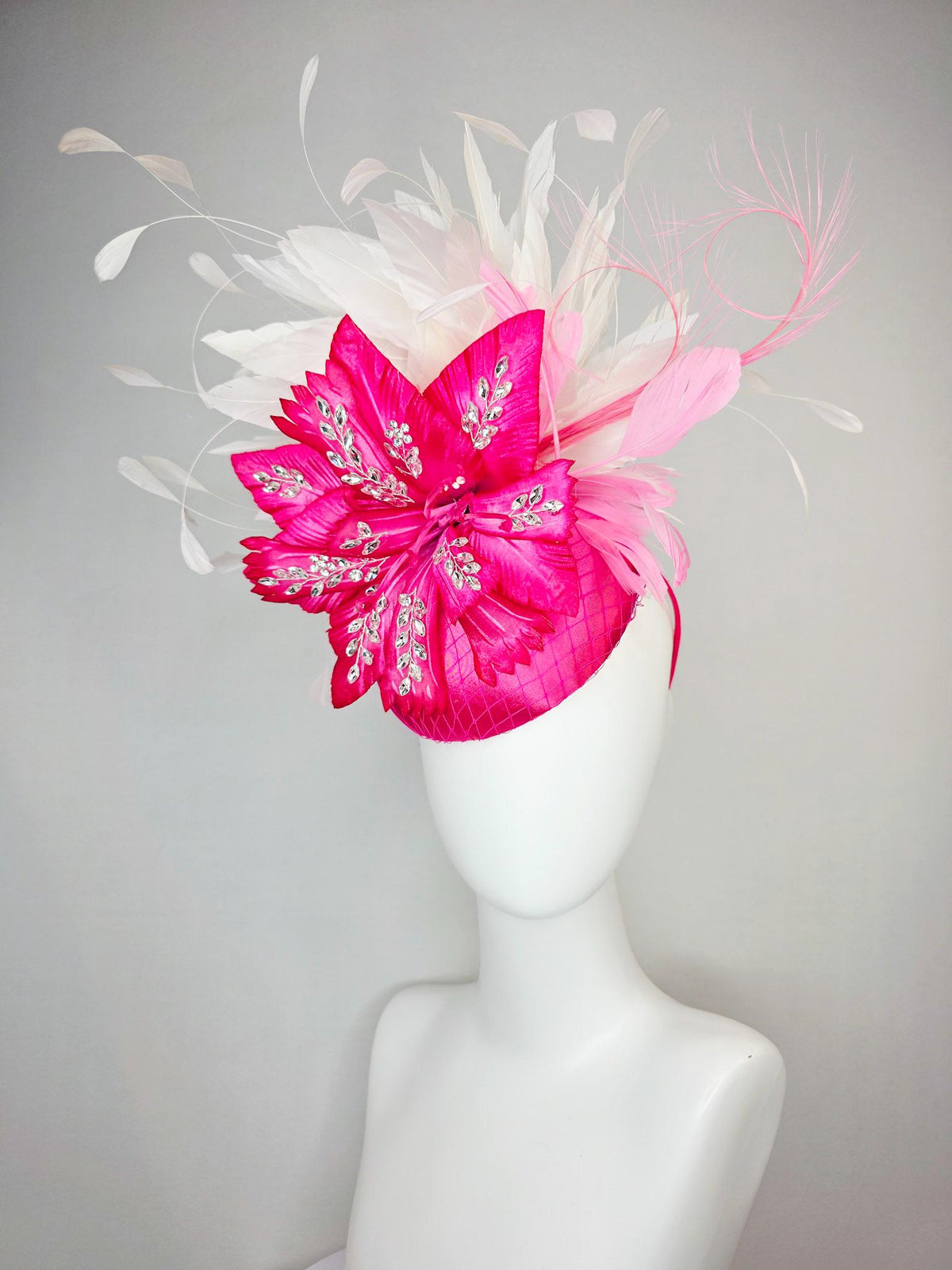 kentucky derby hat fascinator fuchsia pink satin with netting hot pink satin flower with crystal rhinestones ivory white baby pink feathers