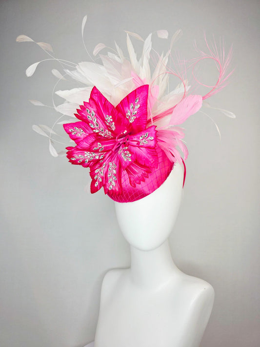 kentucky derby hat fascinator fuchsia pink satin with netting hot pink satin flower with crystal rhinestones ivory white baby pink feathers