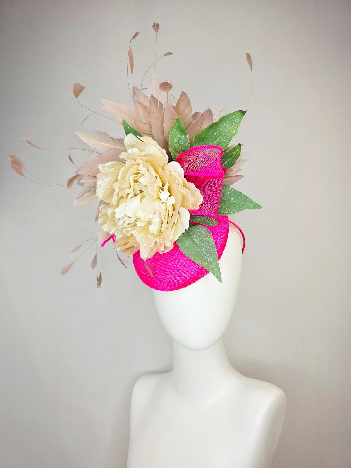 kentucky derby hat fascinator fuchsia bright pink sinamay with sinamay bow gold beige organza silk flower green leaves taupe brown feathers
