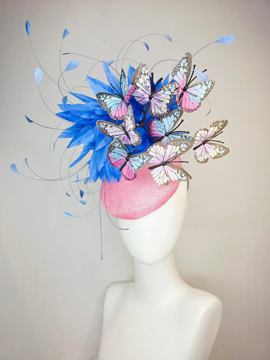 kentucky derby hat fascinator light baby pink sinamay with cobalt royal blue fluffy feathers and pink purple blue black butterflies
