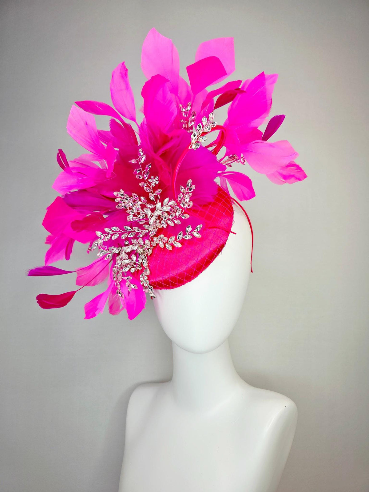 kentucky derby hat fascinator hot bright pink satin with netting saucer leaf vine crystal rhinestone jewels fuchsia pink branching feathers