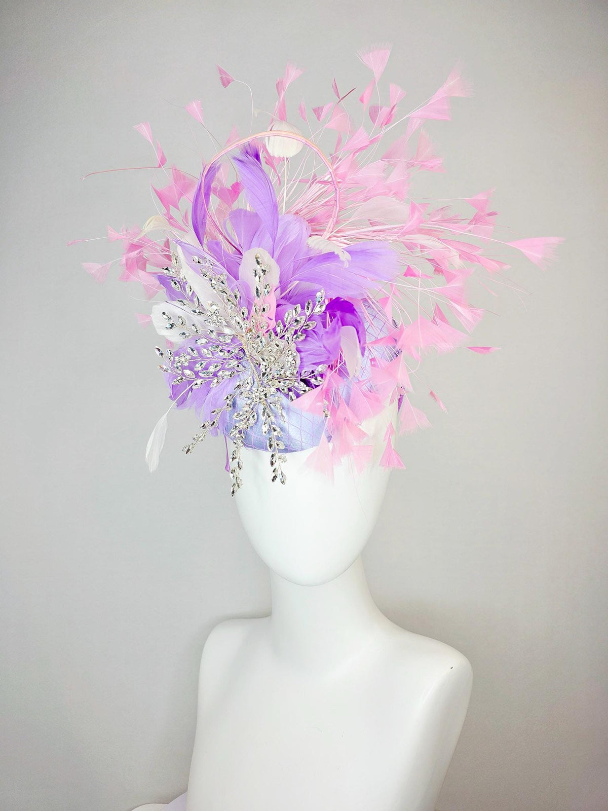 kentucky derby hat fascinator light purple satin with netting with leaf vine crystal rhinestone jewels and white lavender baby pink feathers