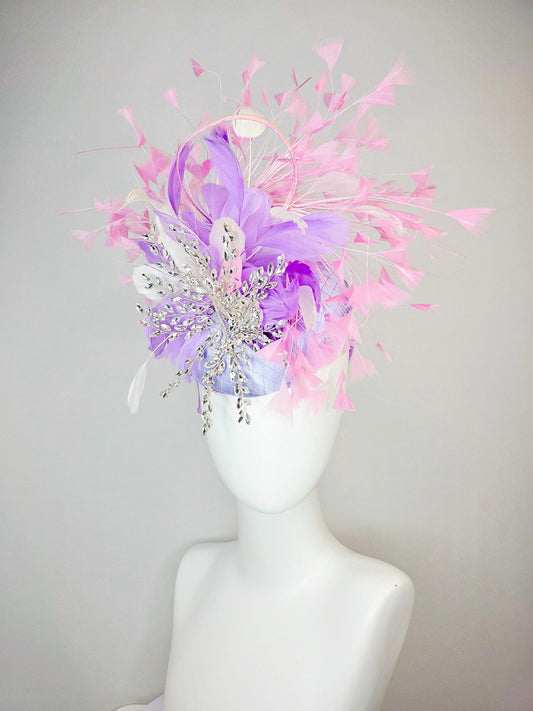 kentucky derby hat fascinator light purple satin with netting with leaf vine crystal rhinestone jewels and white lavender baby pink feathers