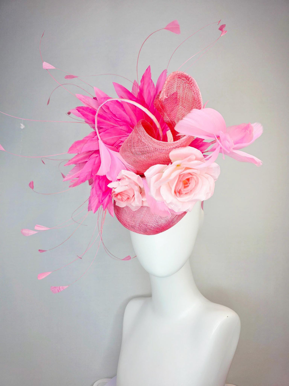 kentucky derby hat fascinator baby blush pink sinamay with sinamay curl and pale light pink satin rose flowers and pink branching feathers