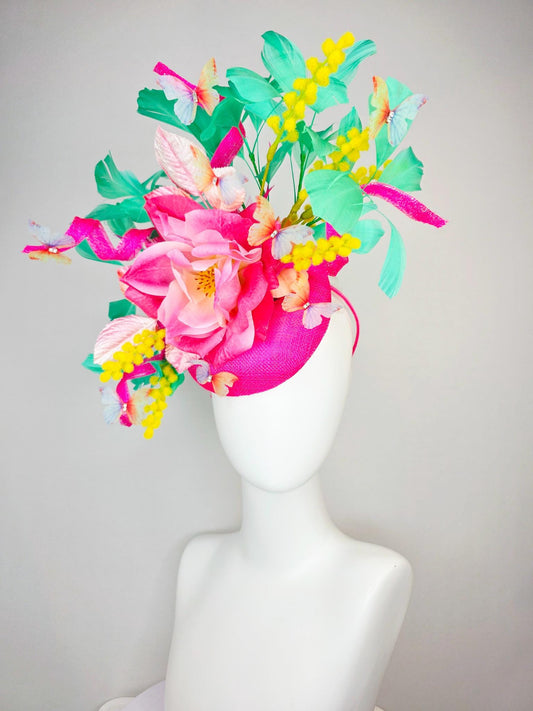 kentucky derby hat fascinator fuchsia pink sinamay ombre pink satin flower light pink leaves mint green feathers yellow stems butterflies