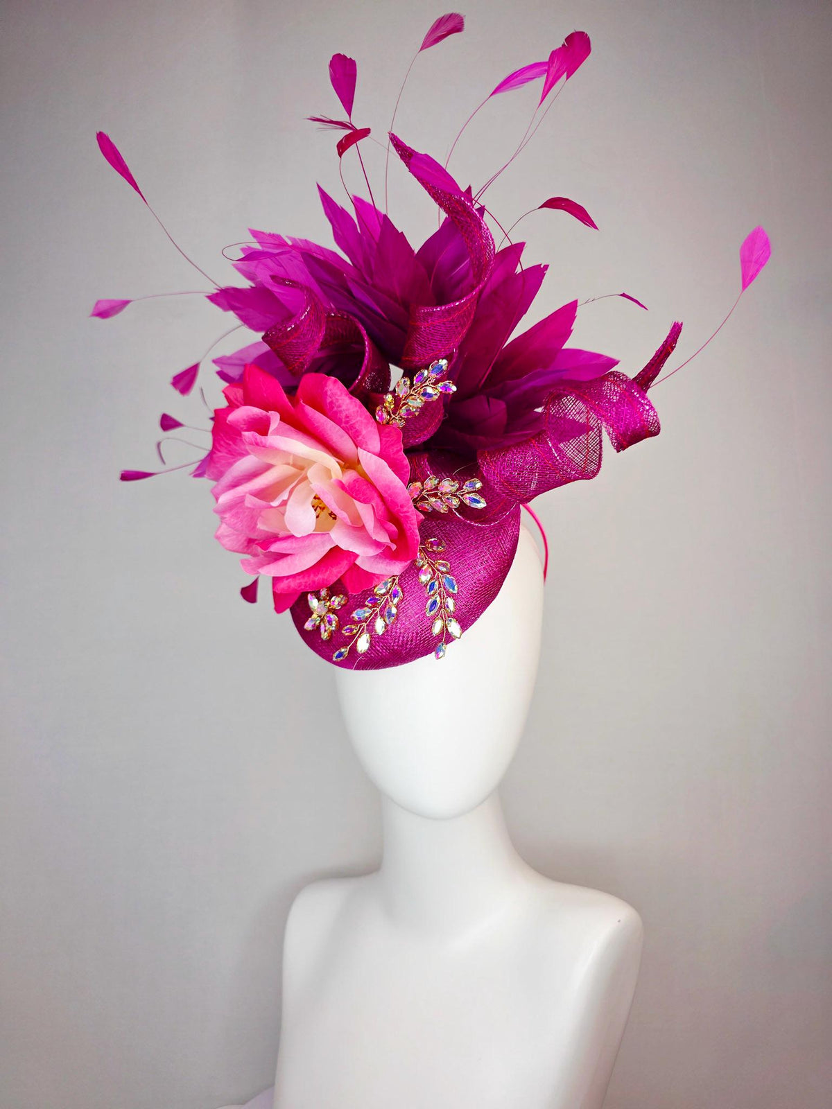 kentucky derby hat fascinator magenta purple sinamay with curls leaf vine iridescent crystals ombre hot pink satin rose magenta feathers