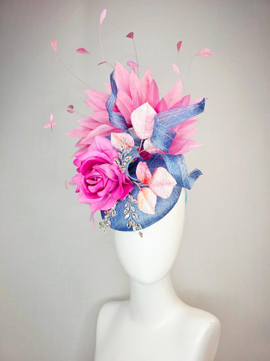 kentucky derby hat fascinator denim blue sinamay with curls leaf vine clear crystals pink satin rose light pink leaves blush pink feathers