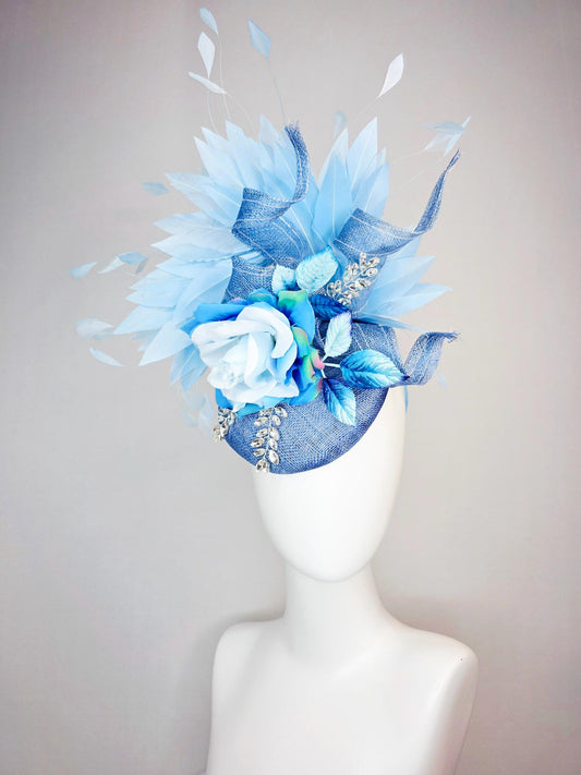 kentucky derby hat fascinator denim blue sinamay with curls leaf vine clear crystal sky blue satin rose ombre blue leaves baby blue feathers