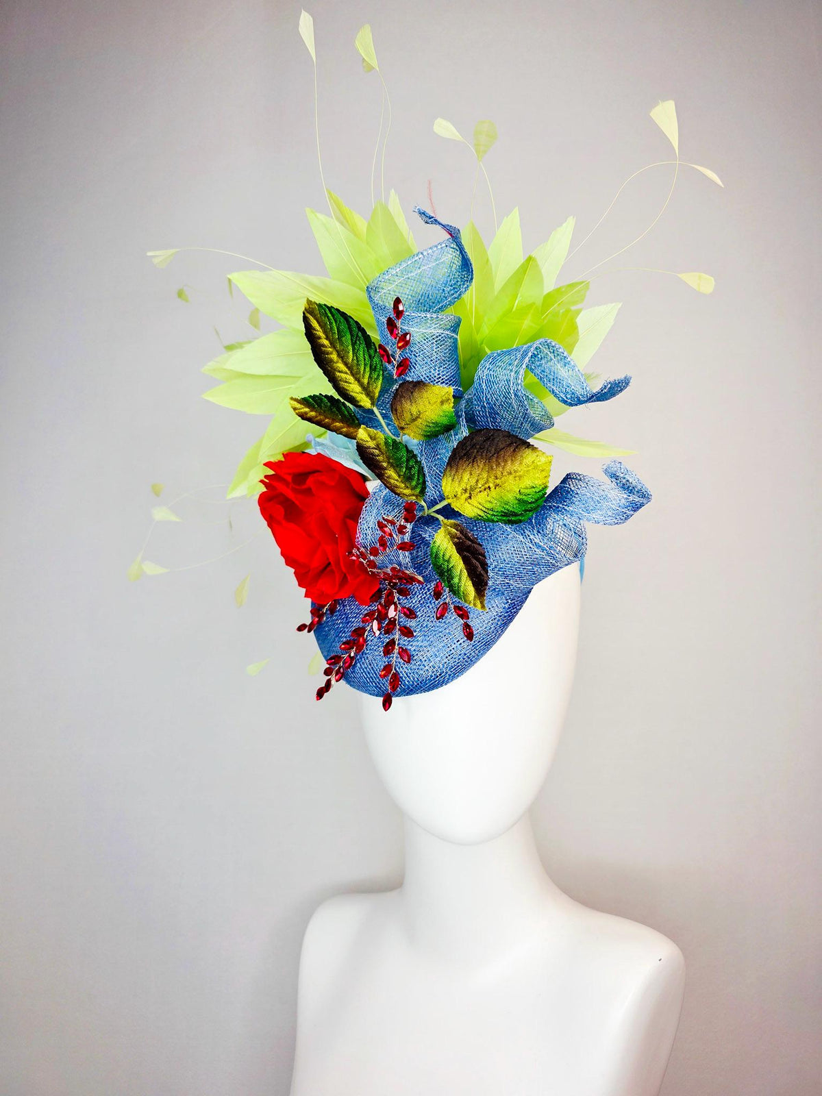 kentucky derby hat fascinator denim blue sinamay with curls leaf vine red crystals red satin rose brown yellow leaves lime green feathers