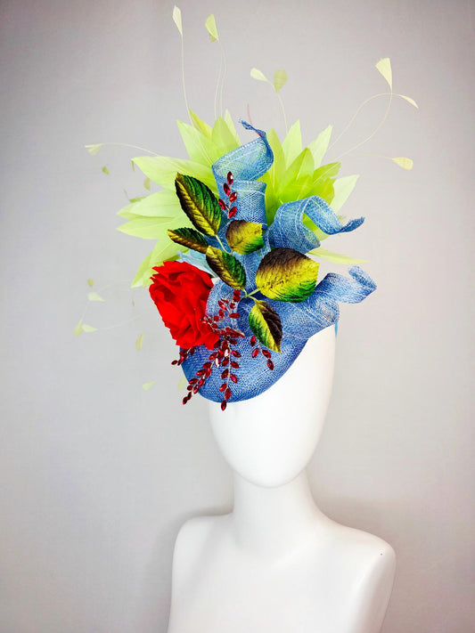 kentucky derby hat fascinator denim blue sinamay with curls leaf vine red crystals red satin rose brown yellow leaves lime green feathers