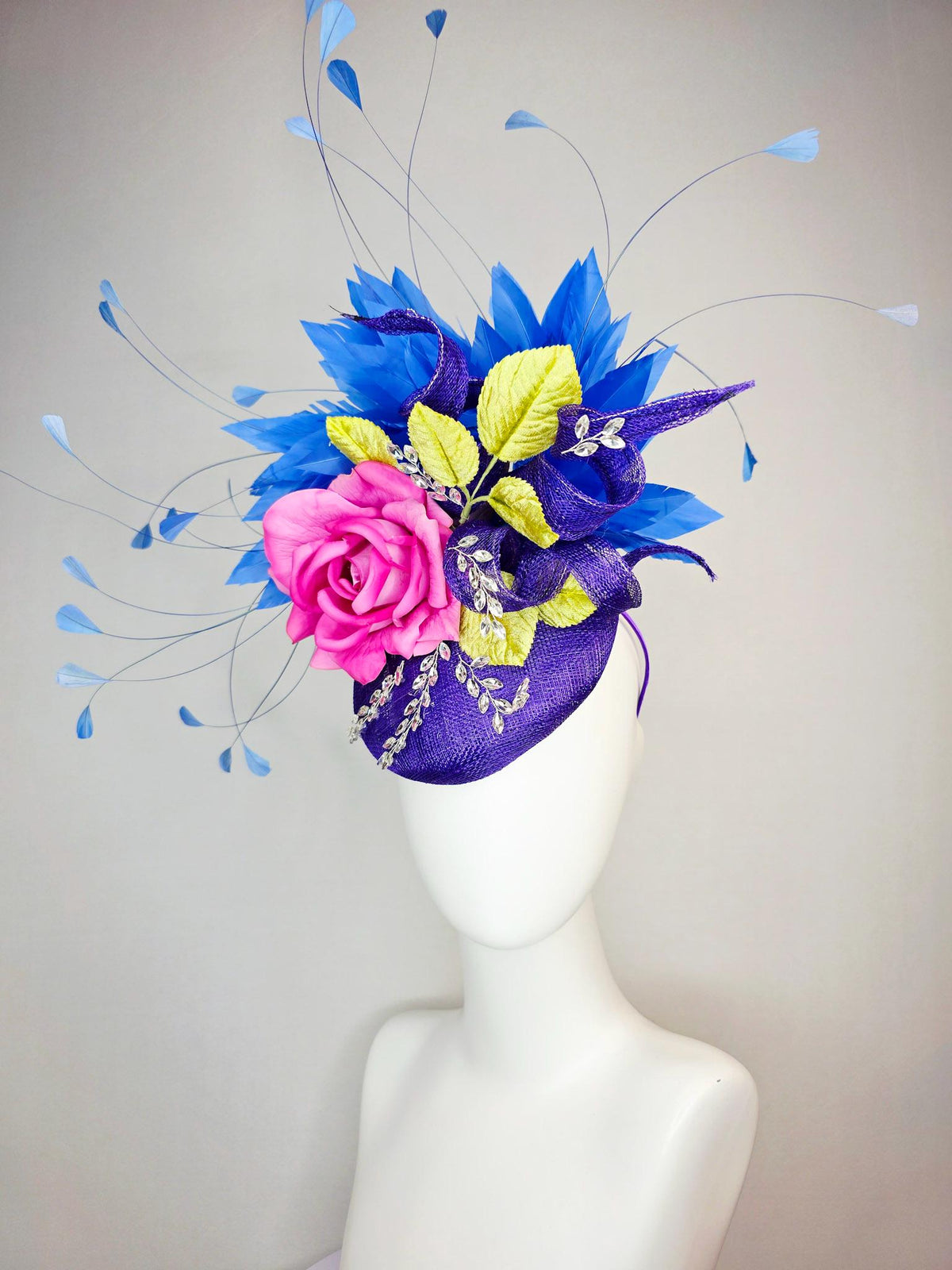 kentucky derby hat fascinator purple sinamay with curls leaf vine crystals pink satin rose mustard yellow leaves cobalt royal blue feathers