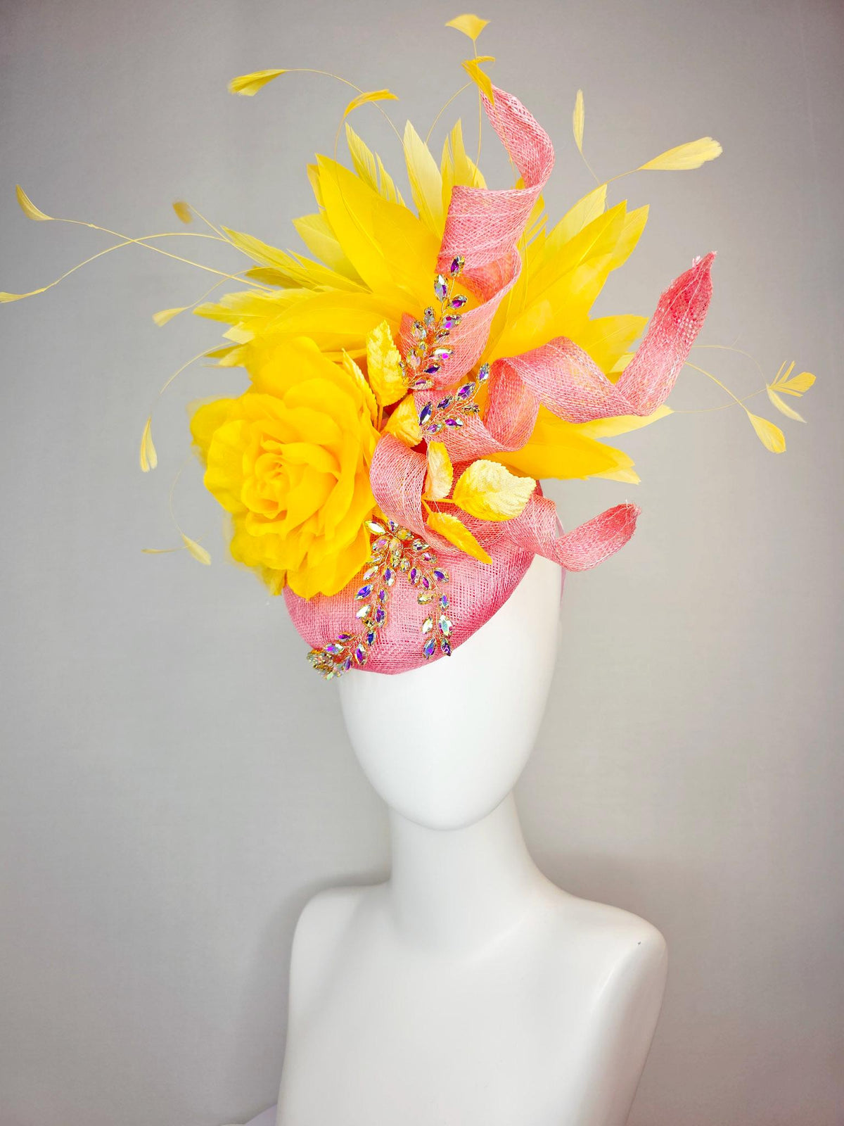 kentucky derby hat fascinator blush pink sinamay with curls leaf vine iridescent crystal rhinestone yellow satin rose yellow gold feathers