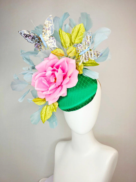 kentucky derby hat fascinator emerald green satin with netting blush pink satin rose lime yellow leaves gray blue feathers gold butterflies