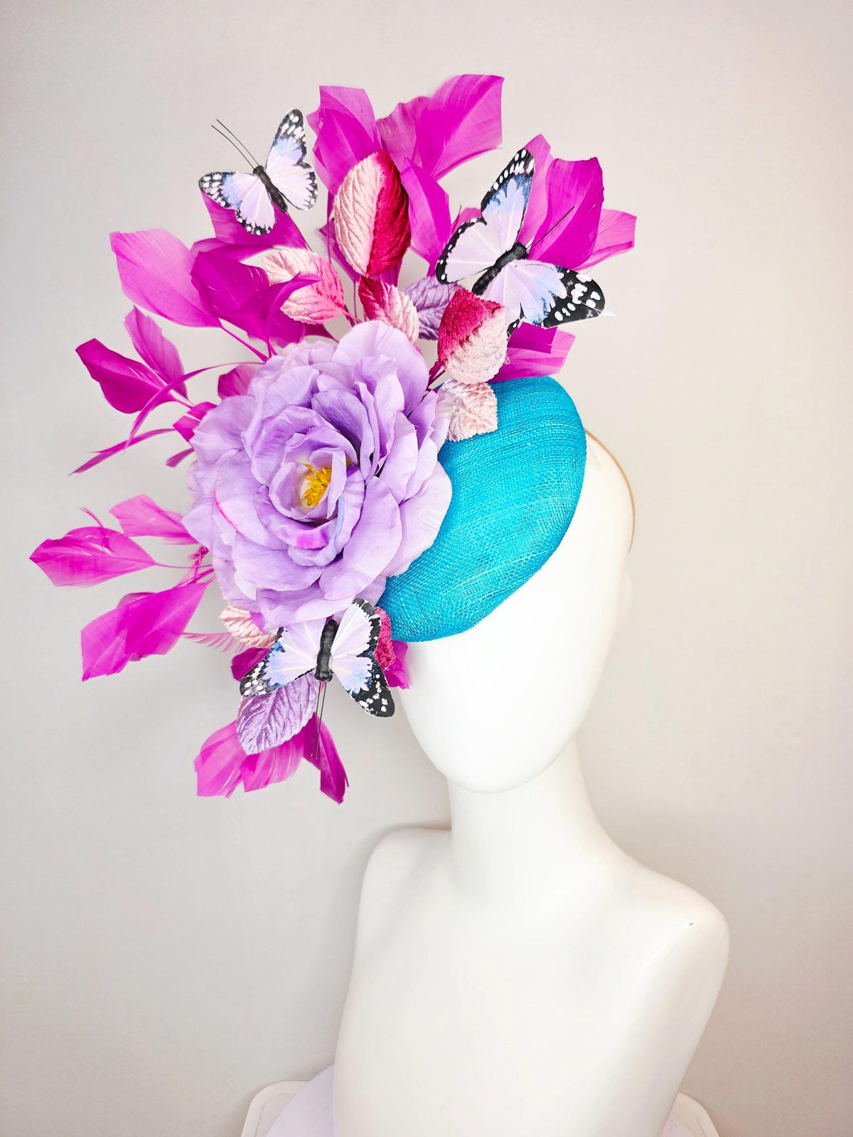 kentucky derby hat fascinator turquoise blue sinamay lavender purple satin rose ombre pink lavender leaves magenta pink feathers butterflies