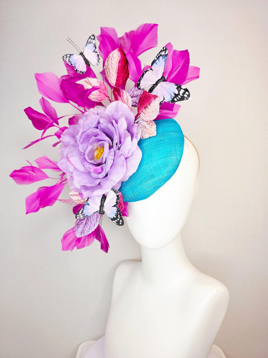 kentucky derby hat fascinator turquoise blue sinamay lavender purple satin rose ombre pink lavender leaves magenta pink feathers butterflies