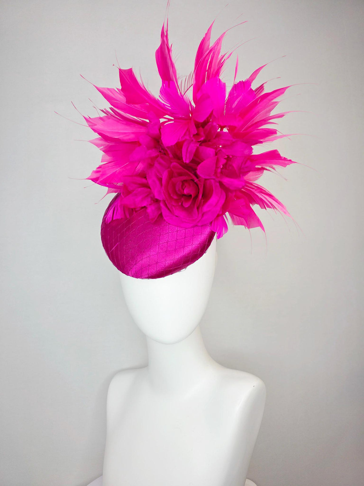 kentucky derby hat fascinator magenta pink satin with netting with fuchsia pink satin rose and hot bright pink branching feathers