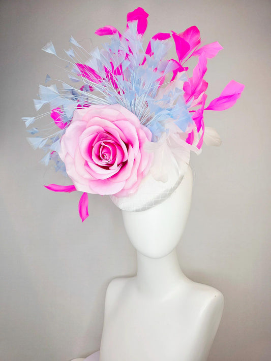 kentucky derby hat fascinator white satin with netting large ombre pink satin rose sky blue lavender fuchsia pink white branching feathers