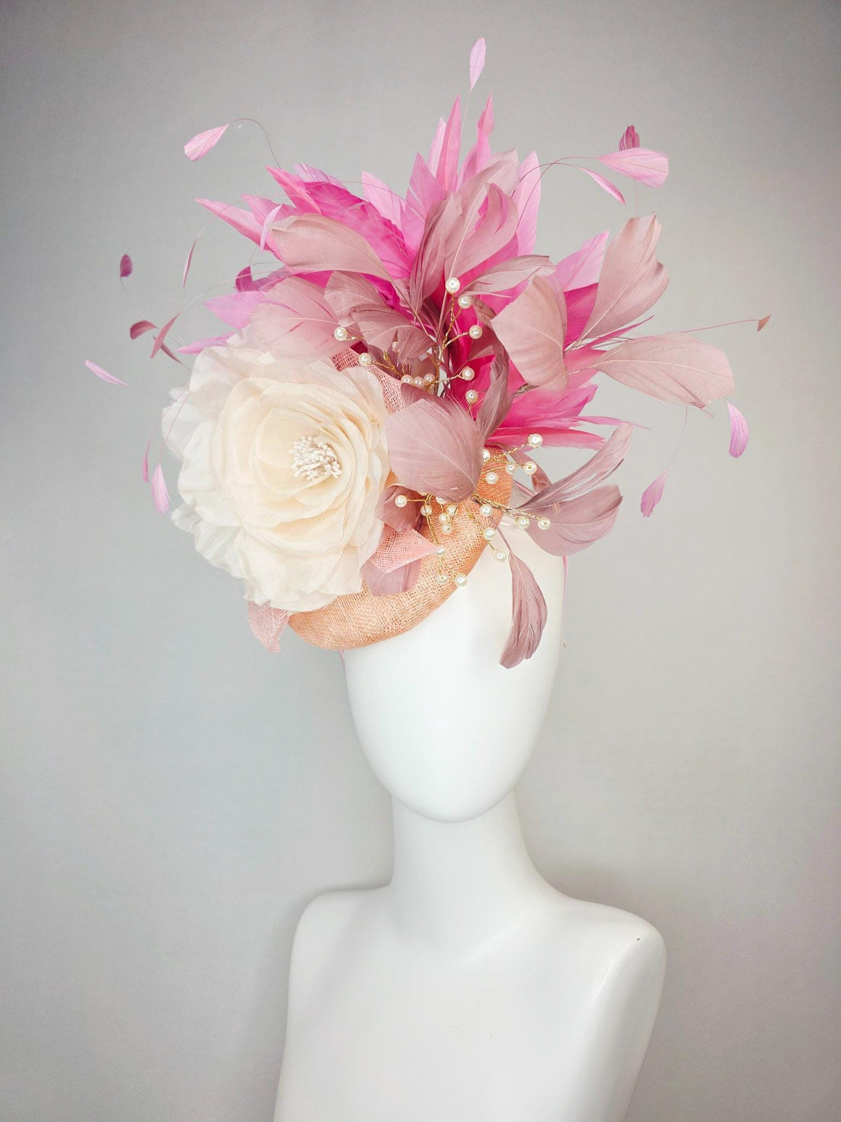 kentucky derby hat fascinator champagne beige sinamay ivory white organza rose dusty rose mauve blush pink branching feathers pearl strings