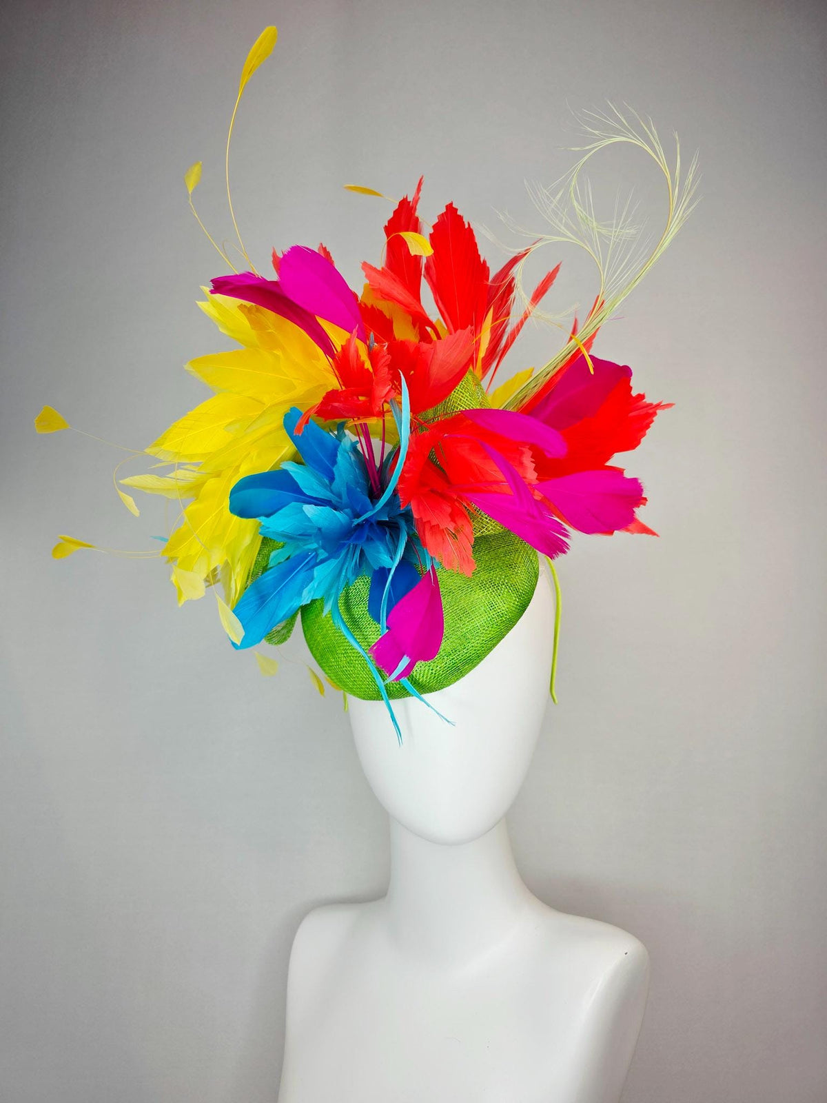 kentucky derby hat fascinator lime green sinamay with sinamay bow colorful sky ocean blue yellow coral red fuchsia pink branching feathers