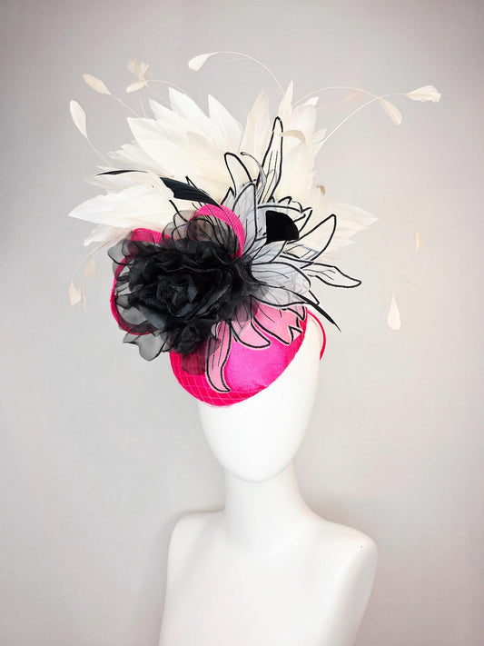 kentucky derby hat fascinator hot pink satin with netting black organza rose black and white organza leaves ivory white branching feathers
