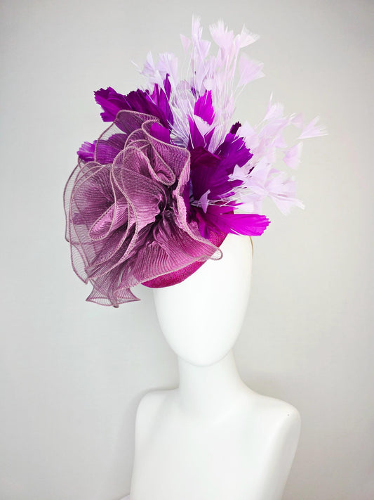 kentucky derby hat fascinator mulberry pink sinamay with large lilac purple pleated organza flower violet lavender purple branching feathers