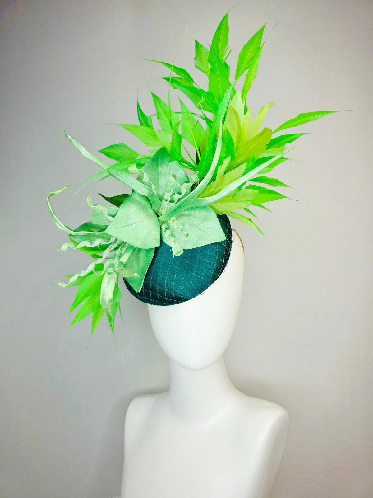 kentucky derby hat fascinator emerald green satin with netting light green satin flower with curls yellow lime green branching feathers